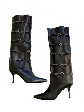 Hollywould Ellie Leather Ankle & Knee High Chain Leather Boots Black EU 39 NIB